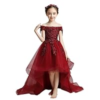 Off The Shoulder Hi Low Flower Girl Pageant Dresses with Sleeves 3D Floral Applique Beads Prom Dress for Little Girls