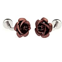 Rose Flower Brown Bronze Pair of Cufflinks in a Presentation Gift Box with a Polishing Cloth