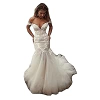 Women's Off Shoulder Lace up Corset Mermaid Wedding Dresses for Bride Long Train Tulle Bridal Ball Gown