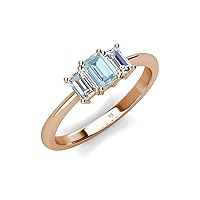 Emerald Cut (6x4 mm) Aquamarine and Lab Grown Diamond 1 1/6 ctw Three Stone Engagement Ring 14K Gold