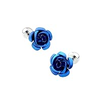 Rose Flower Blue Pair of Cufflinks in a Presentation Gift Box with a Polishing Cloth