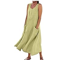 Women's Casual Cotton Linen Solid Color Sleeveless Loose Flowy with Pockets Button Beach Maxi Dress Summer Sundresses