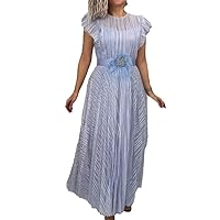 2024 Summer Fashion Flying Sleeves Round Neck Waist Pleated Dress, Lace Maxi Dress for Women