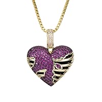 Iced Out Broken Heart Gold Silver Color Copper Pendant Hip Hop Necklace 18K Gold Plated Macro Pave CZ Simulated Diamond for Men Women Charm Jewelry with Stainless Steel Rope Chain