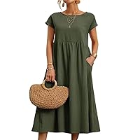 Womens Cotton Linen Short Sleeve Casual Loose Crew Neck Beach Dress with Pockets