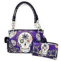 Texas West Women's Embroidered Metal Skull Purse Handbag and Wallet set in 7 colors