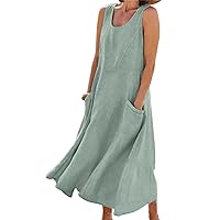 Women's Maxi Dress Spring Summer Linen Sleeveless Solid Casual Loose Flowy Sundress Beach Dress with Pockets