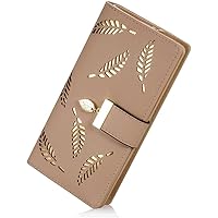 Women Leather Purse with Gold Hollow Leaves For Women with Coin and Card Holders Clutch Zipper Wallet Handbag (Khaki)