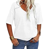 Grlasen Womens Summer Tops Fashion V Neck Half Sleeve Oversized T Shirts Elbow Length Tee Shirts Casual Tops Loose Fit