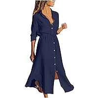 Women Solid Color Long Sleeve Shirt Dress Casual Cotton Linen Buttons Down Maxi Dresses Collar V Neck Pocketed Dress