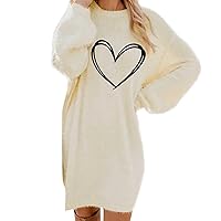 Womens Casual Plush Pullover Dress Trendy Graphic Sweater Midi Dress Long Sleeve Fuzzy Knit Tunic Jumper Dresses