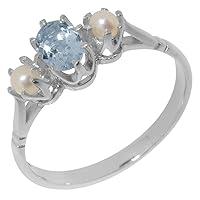 Solid 925 Sterling Silver Natural Aquamarine & Cultured Pearl Womens Ring - Sizes 4 to 12 Available