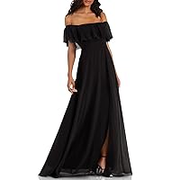 Women's Off The Shoulder Side Split Maxi Dress Evening Party Dress Black US18