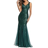 Women's V Neck Sleeveless Slim Fit Mermaid Evening Gown Sequin Party Formal Dress