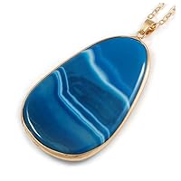 Unique Oval Blue Agate Semiprecious Stone Pendant with Gold Tone Chain - 70cm Long