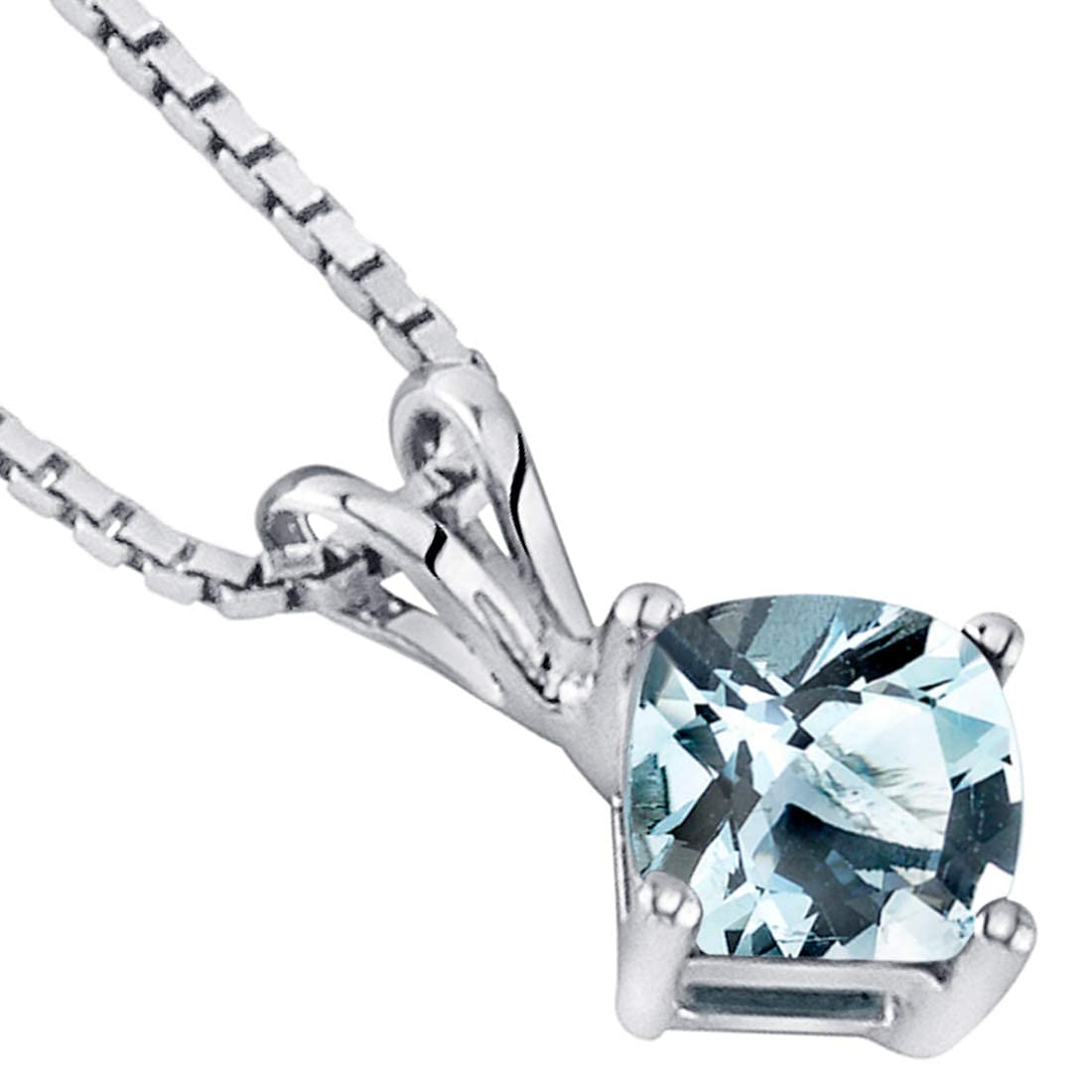 Peora Solid 14K White Gold Aquamarine Pendant for Women, Genuine Gemstone Birthstone Solitaire, Cushion Cut, 6mm