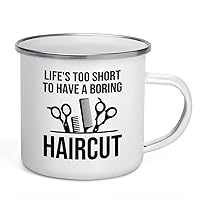 Hair Stylist Camper Mug 12oz - Life's Too Short - Hair Stylist Gift Beautician Hairdresser Salon Barber Hairdo Cosmetoloist Scissors Blower