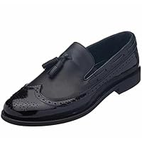 Men's Black Aniline King Size Handmade Wingtip Tassel Loafer Shoes with Patent Leather