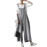 Women Cotton Linen Dual Pocketed Overall Romper Striped Jumpsuit