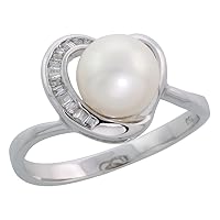 18k White Gold Pearl on Heart Diamond Ring, w/ 0.08 Carat Brilliant Cut Diamonds & 2.49 Carats (7mm) White Pearl, 3/8