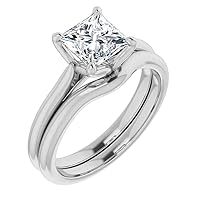 10K Solid White Gold Handmade Engagement Ring 1 CT Princess Cut Moissanite Diamond Solitaire Wedding/Bridal Ring for Womens/Her Promise Ring Sets