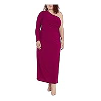Womens Pink Ruched Zippered Thigh-high Side Slit Long Sleeve Asymmetrical Neckline Maxi Evening Gown Dress Plus 14W
