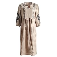 Embroidery Dress Women Spring Lantern Sleeve Loose Waist Casual Cotton Holiday Dresses