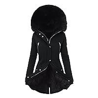 Womens Winter Coats Warm Hooded Outerwear Solid Thick Padded Jacket Fur Hooded Lapel Collar Coat Fleece Lined Jackets