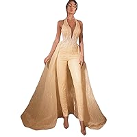 Halter V Neck Jumpsuits 2022 Giltter Prom Dresses Sexy Appliqued Evening Gowns with Detachable Train