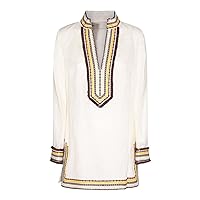 Tory Burch Women's Ivory White Embroidered Linen Long Sleeve Tunic Beach Cover Up