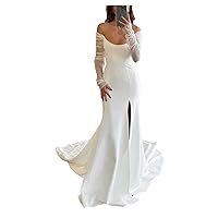 Long Sleeves Mermaid Wedding Dresses for Bride Satin Sweetheart Bridal Gowns Formal Evening Dress with Slit