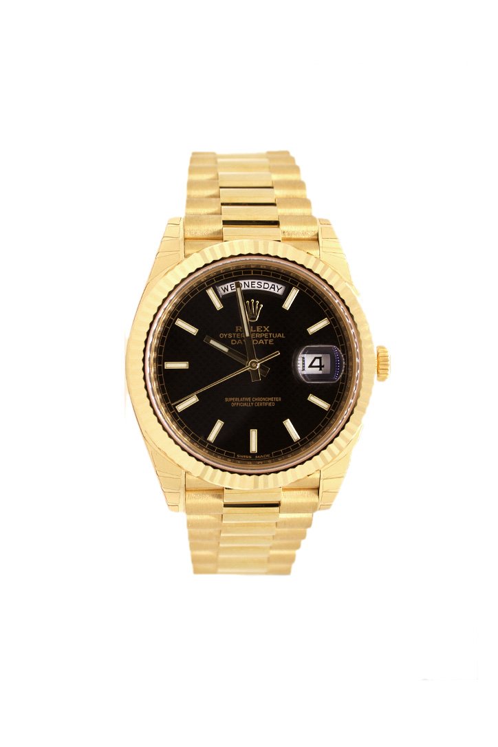 Rolex Day-Date 40 Black Diagonal Motif Index Dial 418 Yellow Gold Mens Watch 228238