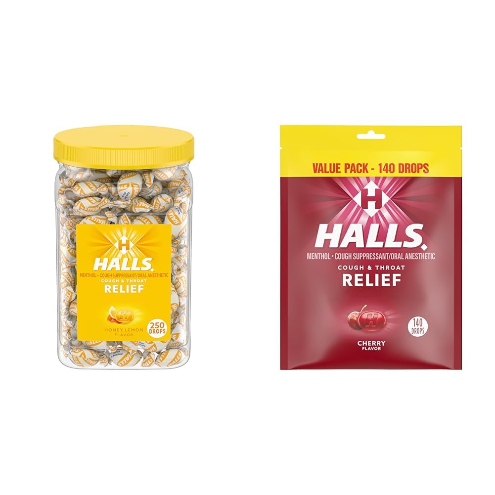 HALLS Relief Honey Lemon Cough Drops, Bulk Cough Drops, 250 Drops & Relief Cherry Cough Drops, Value Pack, 140 Drops