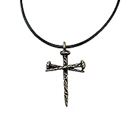 Cross 3 Rugged Nails Cross Pewter Antique Brass Metal Finish Black Cord Necklace