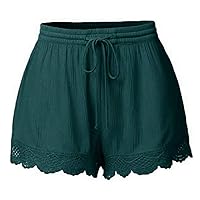 Shorts for Women Casual Solid Ruffle Lace Cuff Loose High Waist A Line Comfy Mini Pants Drawstring Pajamas Bottoms (L,Green -1)