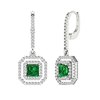 3.27CT Princess Round Cut Halo Solitaire Simulated Green Emerald Pair of Lever back Drop Dangle Earrings 14k White Gold