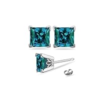 Lab Created Princess Cut Alexandrite Scroll Stud Earrings in 14K White Gold Available in 4MM-7MM