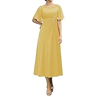 Mother Dresses Tea Length - Chiffon Beaded Neck Wedding Guest Formal Dress with Sleeves