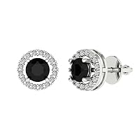 Clara Pucci 1.60 ct Round Cut Halo Solitaire VVS1 Natural Black Onyx Pair of Solitaire Stud Screw Back Earrings 18K White Gold