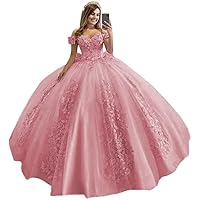 Off Shoulder Quinceanera Dresses for Teens Lace Floral Flower Ball Gowns for Sweet 15 16 Puffy Long Princess Dress with Train