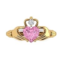 Clara Pucci 1.52ct Heart Cut Irish Celtic Claddagh Solitaire Pink Simulated Diamond designer Modern Statement Ring Solid 14k Yellow Gold