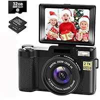 CEDITA Digital Camera Vlogging Camera with YouTube 30MP Full HD 2.7K Vlog Camera with Flip Screen 180° Rotation with 32GB Memory Card and 2 Batteries （Focus Fixed）, Black
