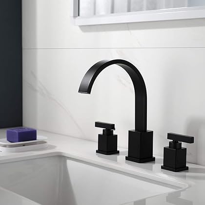 WorbWay Bathroom Faucet Matte Black,2 Lever Handle 8 inch Widespread Bathroom Sink Faucet with Pop-Up Drain (Matte Black)