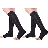 2 Pair 15-20 mmHg Zip Compression Socks Medical Toeless with Zipper Easy to on off put for Edem, Varicose Veins, Sore,BLACK,S/M