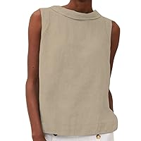 Women's Cotton Linen Tank Tops High Neck Casual Cami Sleeveless Camisole Blouses Summer Basic Shirt Solid Color Crop Tops