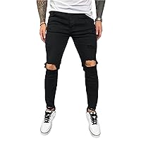 Men's Ripped Slim Fit Stretch Jeans Destroyed Stretchy Knee Holes Slim Denim Pants Straight Skinny Tapered Leg Trouses
