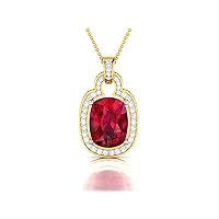 Rectangle Shape Lab Made Red Ruby 925 Sterling Silver Pendant Necklace with Cubic Zirconia Link Chain 18