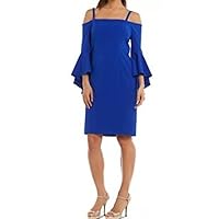 R&M Richards Womens Blue Stretch Zippered Ruffled Removable Straps Bell Sleeve Off Shoulder Above The Knee Cocktail Sheath Dress 12