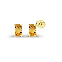 14K Gold Plated 925 Sterling Silver Hypoallergenic 5x3mm Emerald Cut Prong Set Genuine Birthstone Solitaire Screwback Stud Earrings