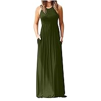 Women Summer Sleeveless Maxi Dress Crewneck Flowy Pleated Tank Dress Casual Loose Fit Solid Loungewear with Pockets